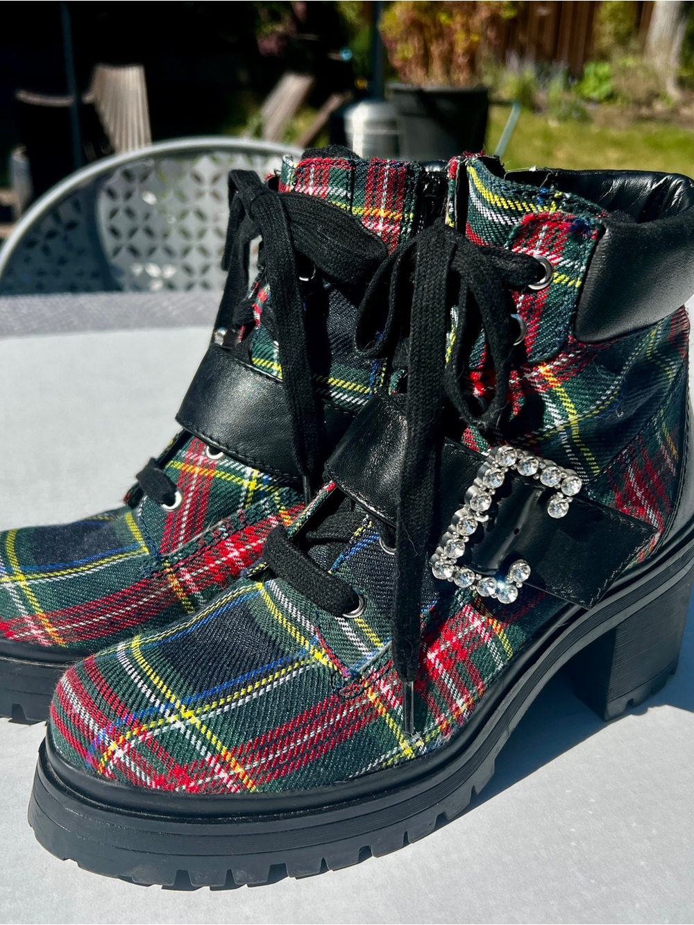 Gianni Bini Plaid Gem-Embellished Lace-Up Ankle Boots Black Red 8.5M Statement